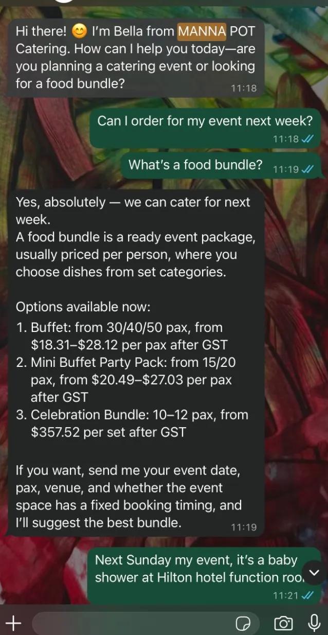Odello AI handling a customer catering enquiry on Manna Pot's WhatsApp